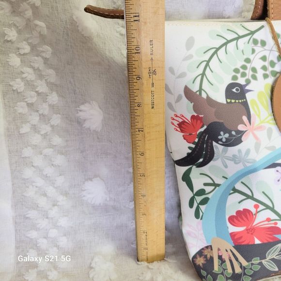 Sepiring Indonesia Girl Birds Of Paradise Floral Fabric Leather Tote Hawaii RARE - Picture 8 of 10